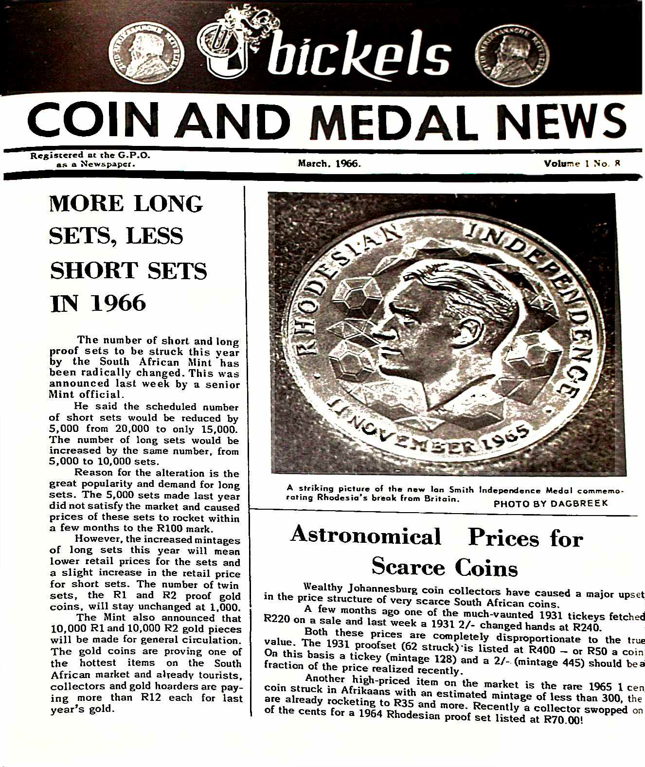 Bickels Coin & Medal News March 1966 Vol 1 No 8